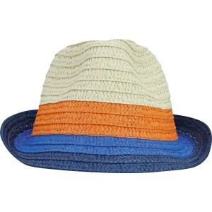 Strohhut für Jungs im Color-Block-Design: Beige, Orange, Blau. Fedora-Sonnenhut aus Kunstfaser, Gr. 53-54.