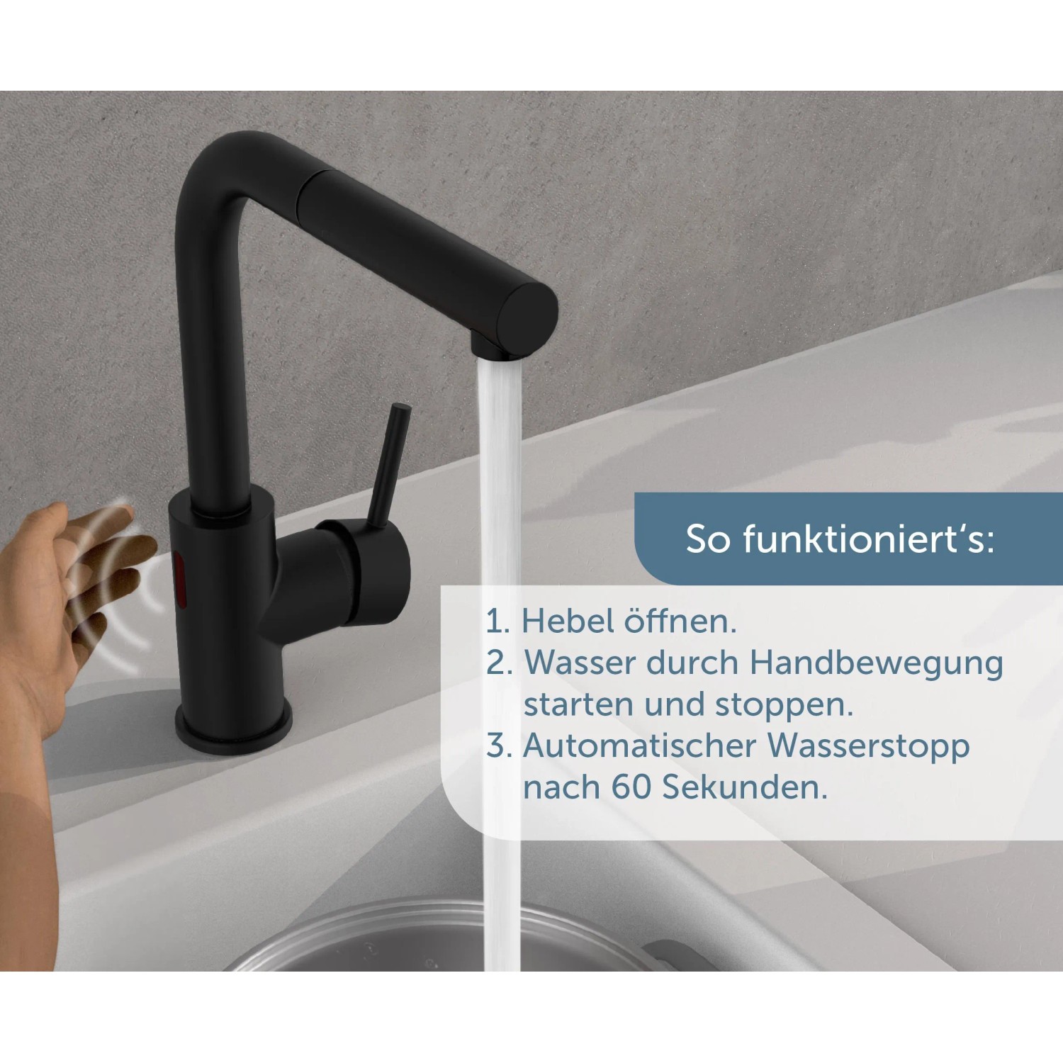 Schwarze Schütte Sensor-Spültischarmatur Vital mit Auszug und Infrarotsensor in Funktion.
