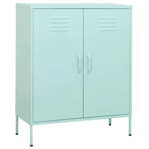 Minzgrüner Büroschrank aus Stahl mit zwei Türen und Füßen.