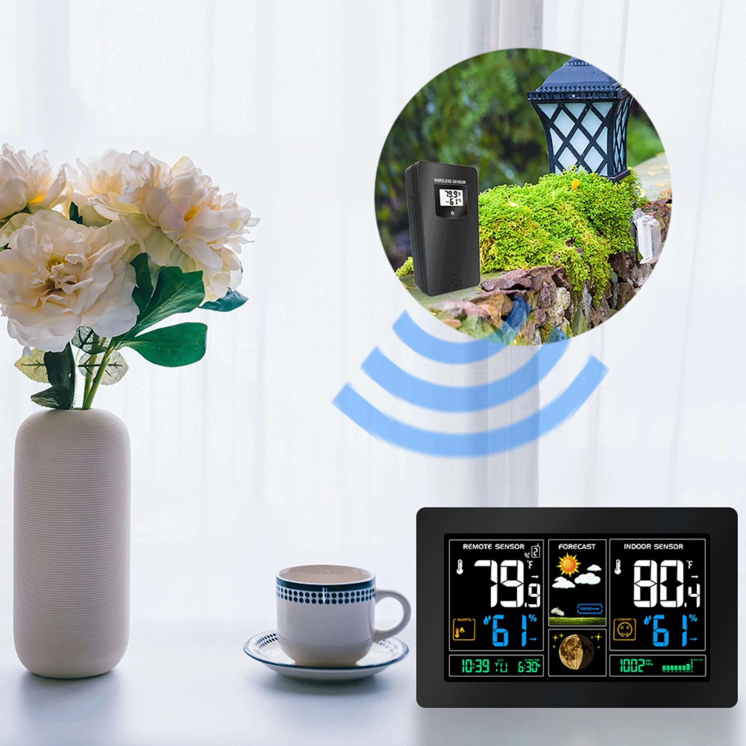 Echos Eco-450 Funkwetterstation mit Farbdisplay und Außensensor auf Tisch.