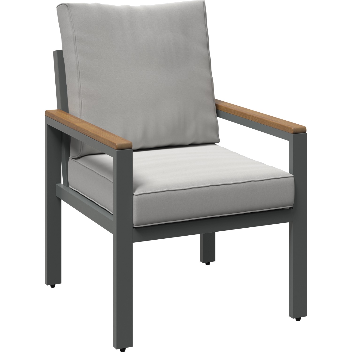 Sessel der Loungegruppe Moonbeam: Anthrazitfarbenes Gestell, beige Polsterung und Armlehnen aus Akazienholz.