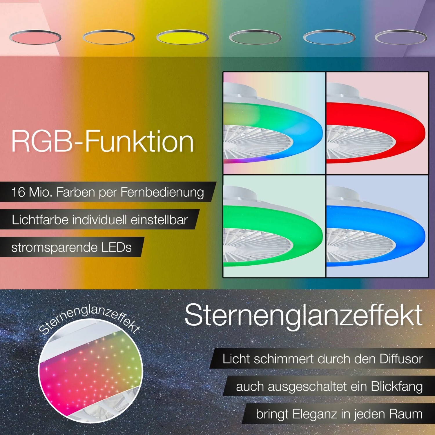 Brilliant LED-Deckenleuchte Salerno mit RGB Funktion und Ventilator, verschiedene Farbeinstellungen.
