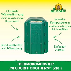 Grüner Neudorff Thermo-Komposter DuoTherm 530 l für Gartenabfälle und Kompostierung.