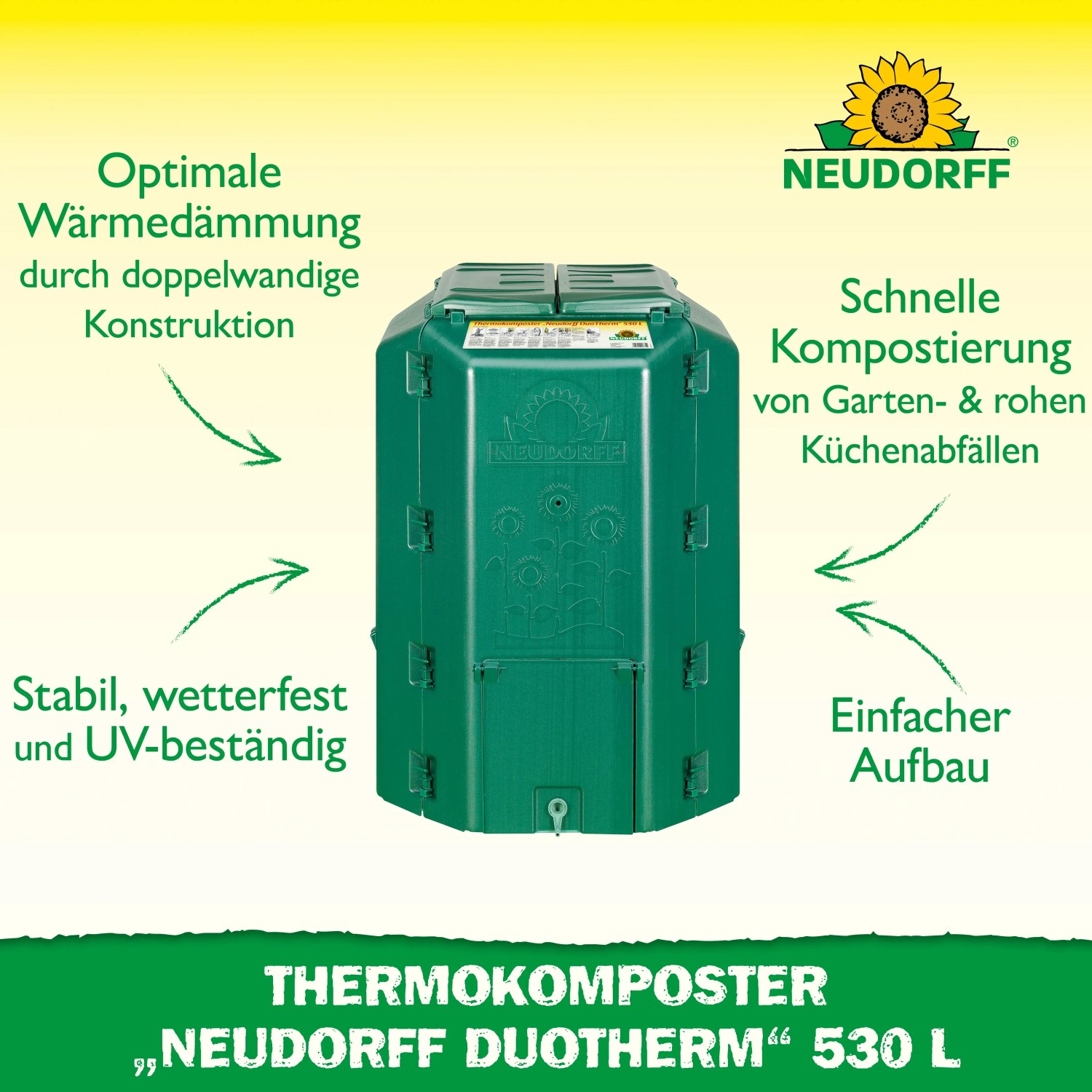 Grüner Neudorff Thermo-Komposter DuoTherm 530 l für Gartenabfälle und Kompostierung.