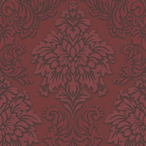 Rote Barock Tapete mit glänzenden Ornamenten in Silber und Schwarz. Dekorative Vliestapete.