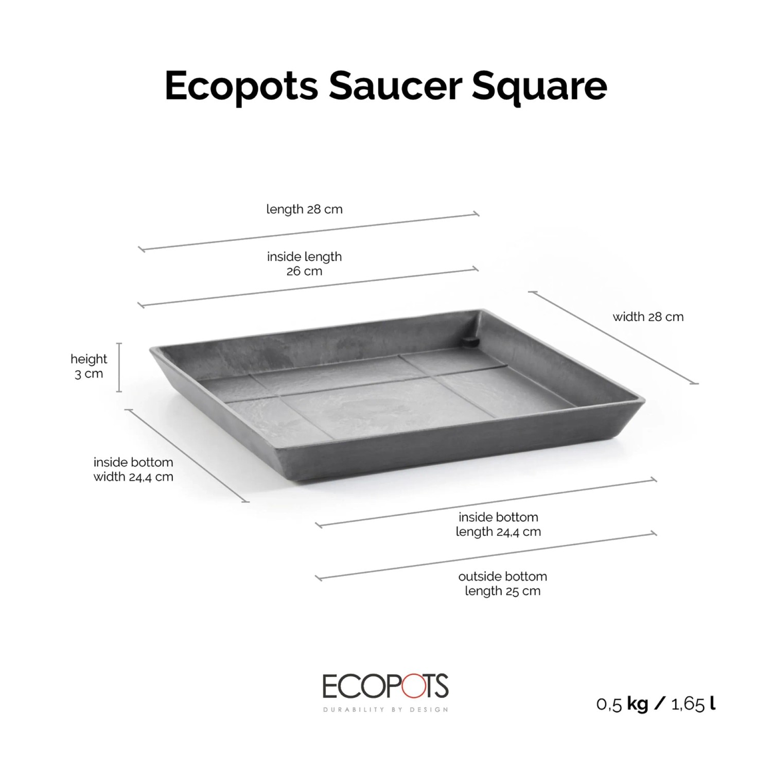 Ecopots Untersetzer Rotterdam, quadratisch, 28x28 cm, grau. Ideal für Innen- und Außenbereich.