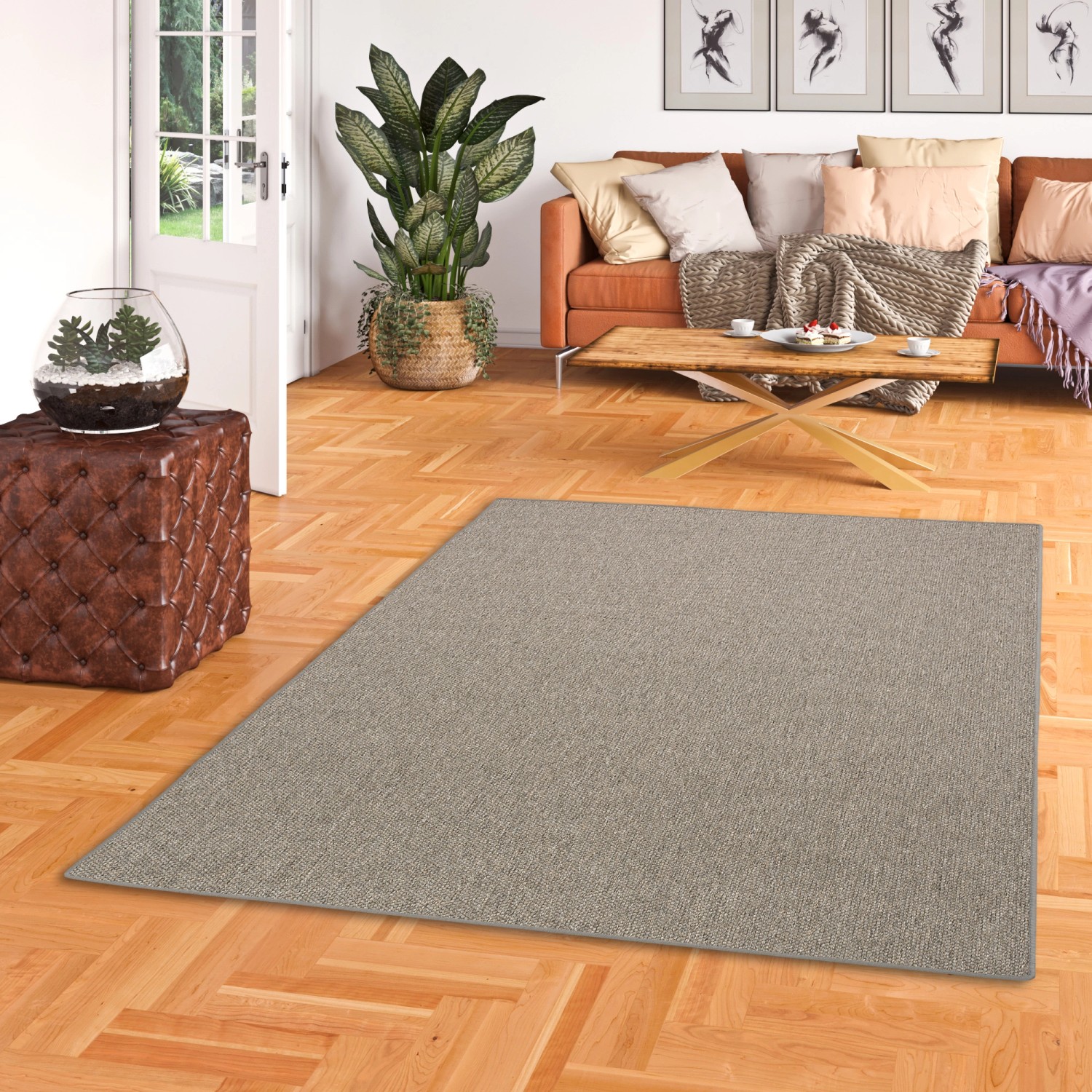 Flachgewebe Teppich Bentzon grau-blau 200x200cm im Wohnzimmer.