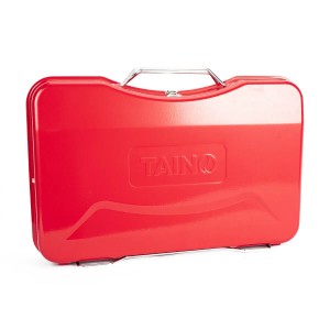 Roter Taino Mox Koffer-Grill, Holzkohlegrill für Camping und BBQ, kompakt und mobil.