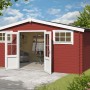 Lasita Holz-Gartenhaus Washington, rot lasiert, mit Satteldach, weißen Fenstern und offener Doppeltür.