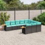 Schwarze 10-tlg. vidaXL Garten-Sofagarnitur aus Rattan mit türkisen Kissen.