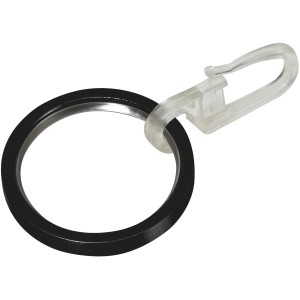 Schwarzer Gardinenring (Ø 4 cm) mit transparentem Kunststoffhaken für 2 cm Gardinenstangen.