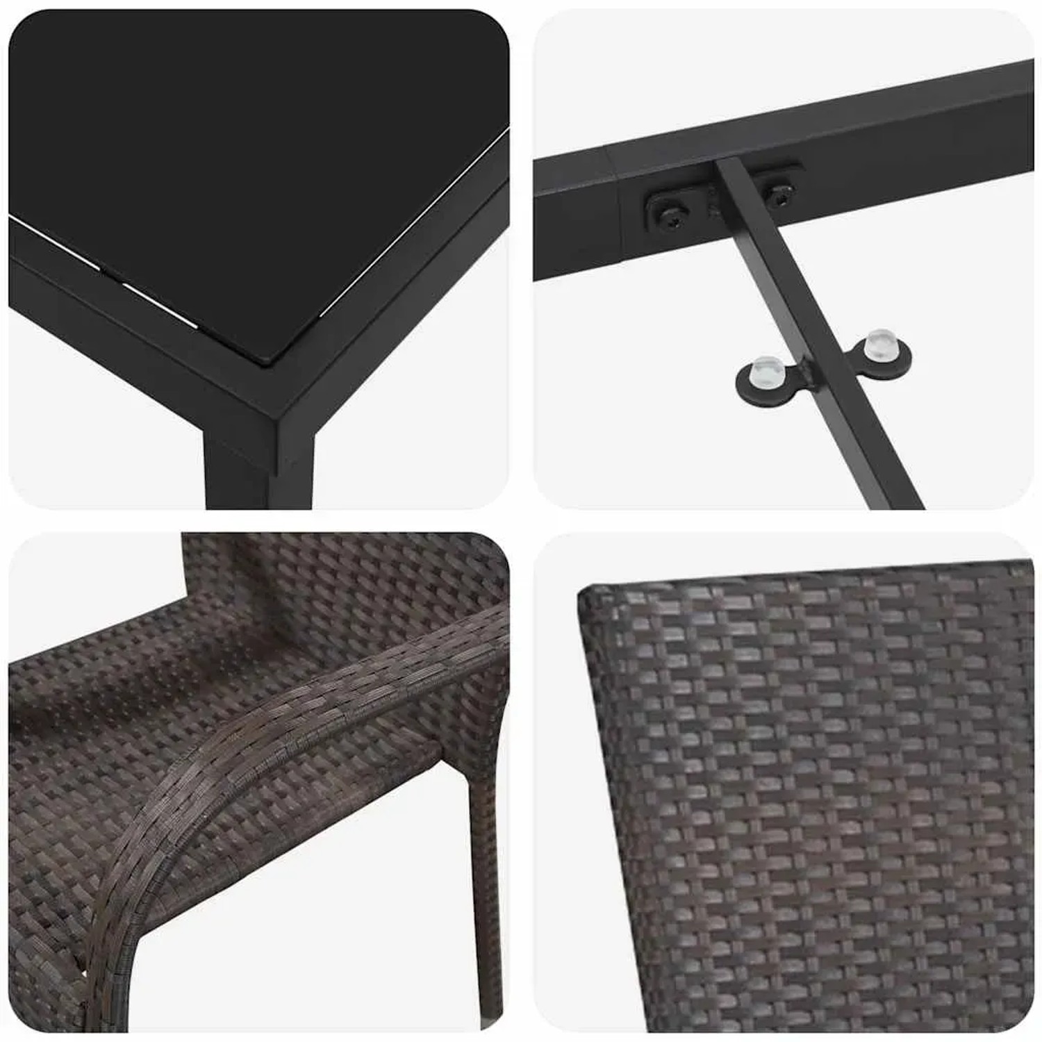 Detailansicht: vidaXL Garten Essgruppe, 5-tlg, braunes Poly Rattan, Tisch mit Glasplatte, Stuhlgeflecht.