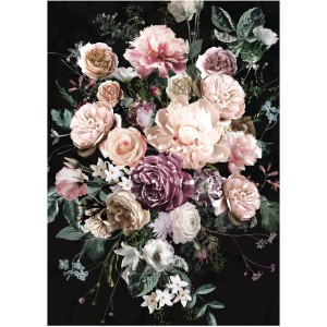 Komar Wandbild Charming Bouquet, 30x40cm, mit Rosen und Pfingstrosen auf dunklem Grund.
