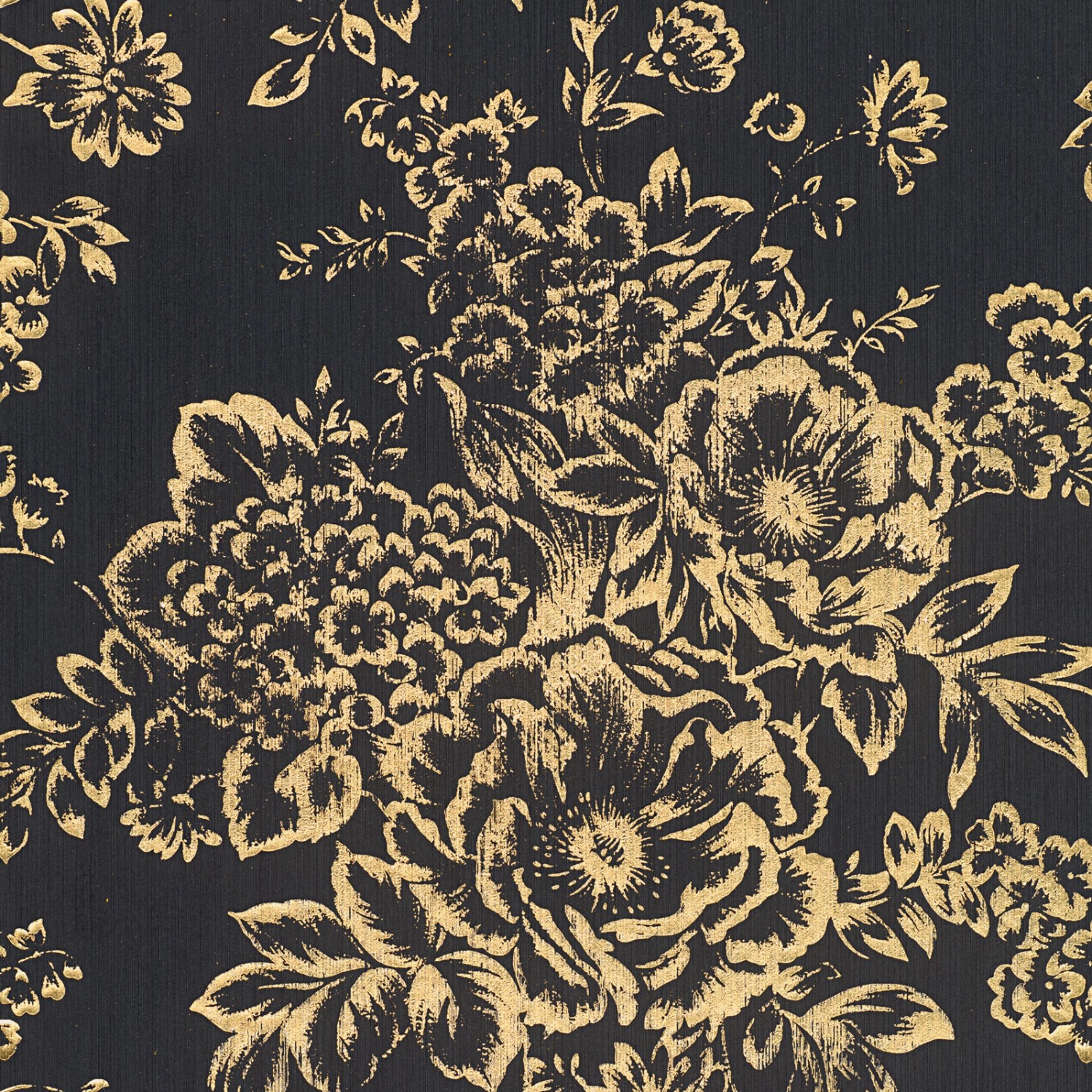 Bricoflor Textil Blumentapete Schwarz Gold Vlies Textiltapete mit Blumen im Barock Stil Elegant Florale Tapete mit Metal