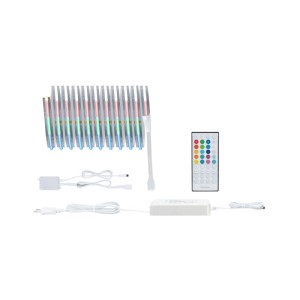 Aufgerollter MaxLED 1000 BasisCOB 3m RGBW LED-Streifen mit Fernbedienung, Netzteil und Kabeln, mehrfarbig leuchtend.