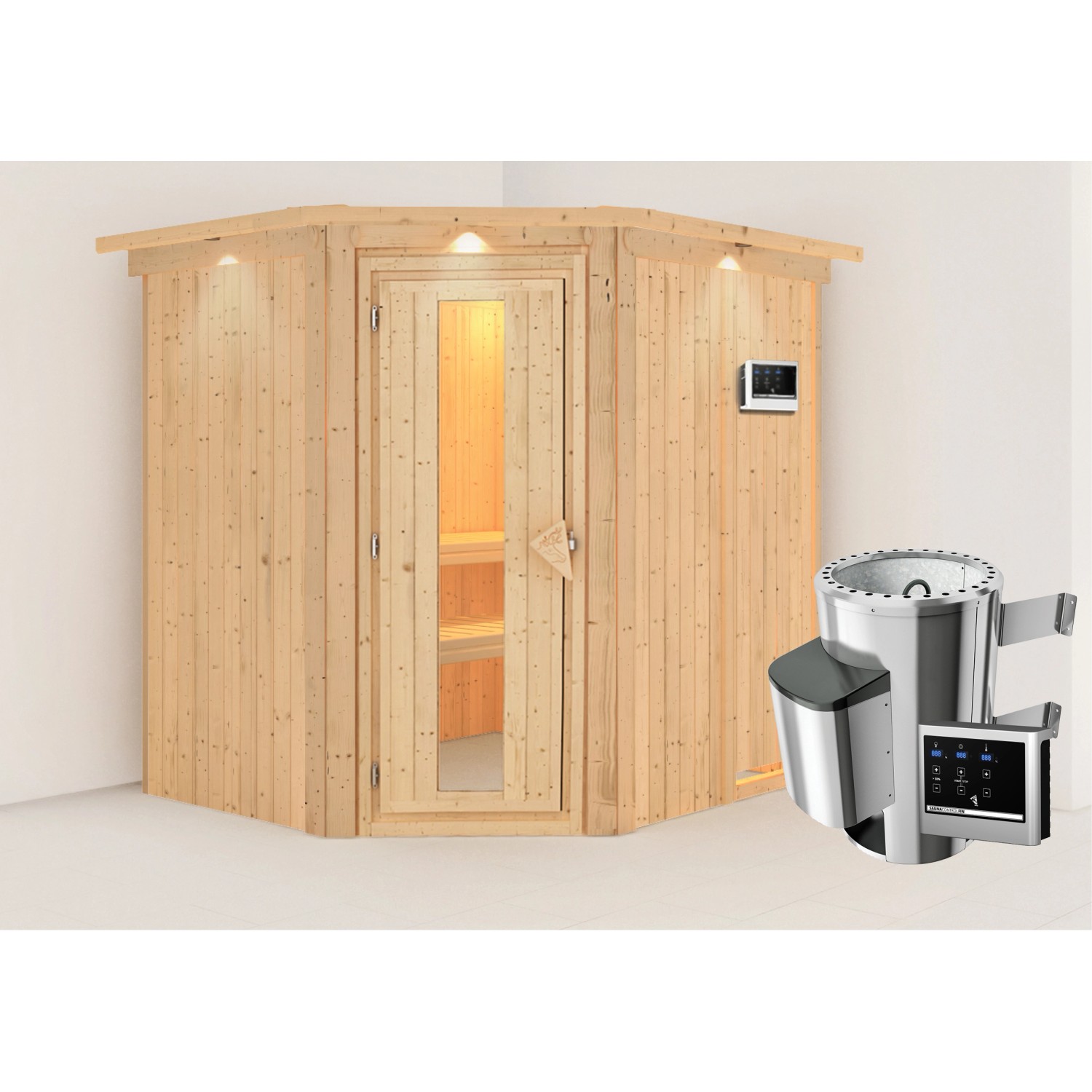 Karibu Sauna Livia mit Ofen externe Stg.Easy LED-Dachkranz Natur