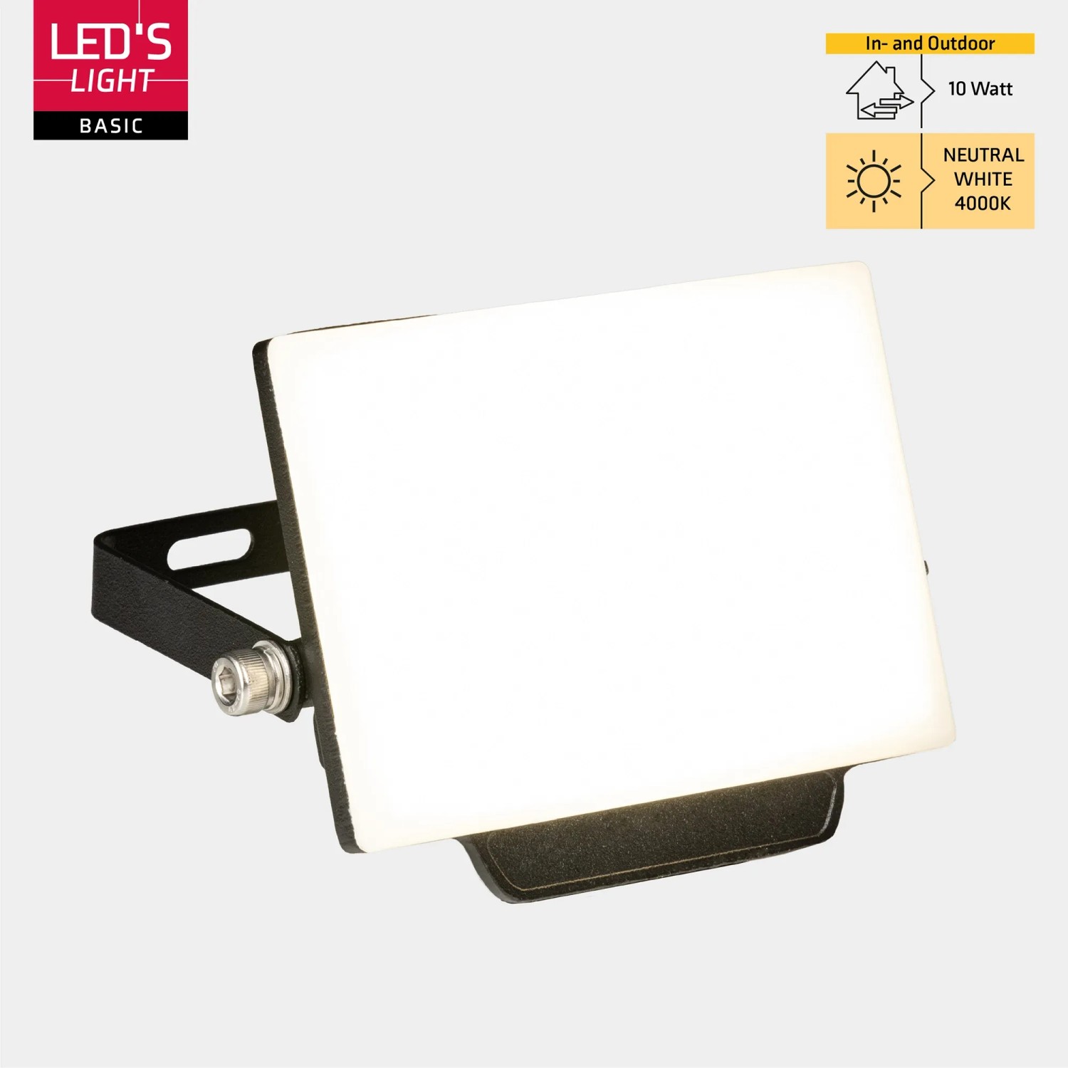 Schwarzer LED Strahler, 10W, 900lm, 4000K, IP65 für den Außenbereich.