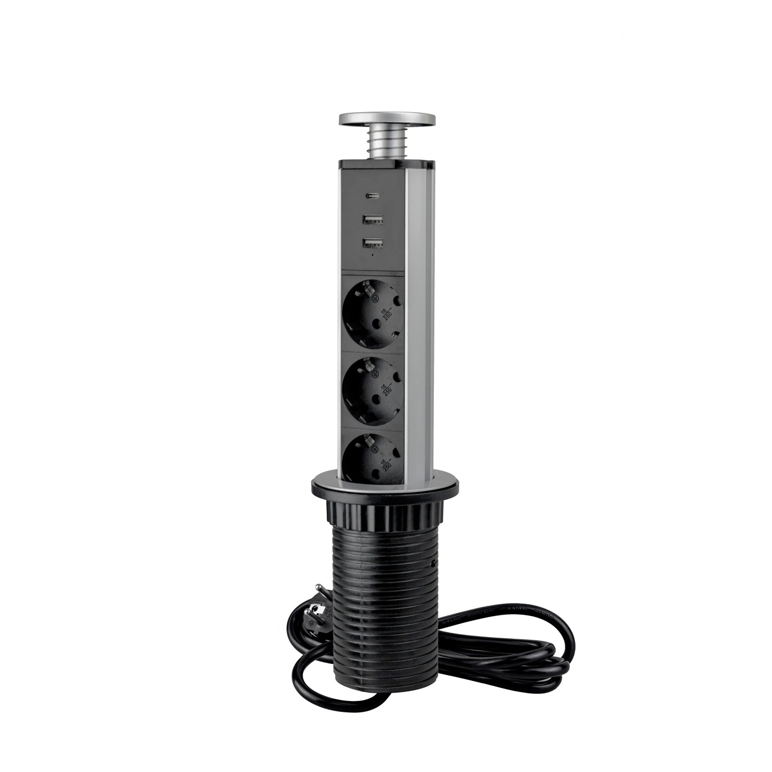 Emuca Abnehmbarer Multistecker Vertikal 3 X Schuko Stecker 1 X USB Typ A 1 X USB Typ C Kunststoff und Aluminium Metallic Grau