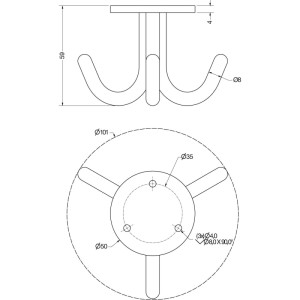 Technische Zeichnung Simausrom Dreifach-Garderobenhaken Canis, Edelstahl gebürstet, starr, H 59mm, Ø 101mm.