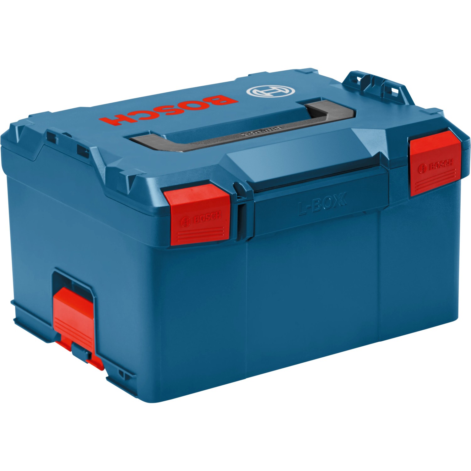 Blaue Bosch Professional L-Boxx 238 Werkzeugkiste des MobilitySystem mit roten Verschlüssen.