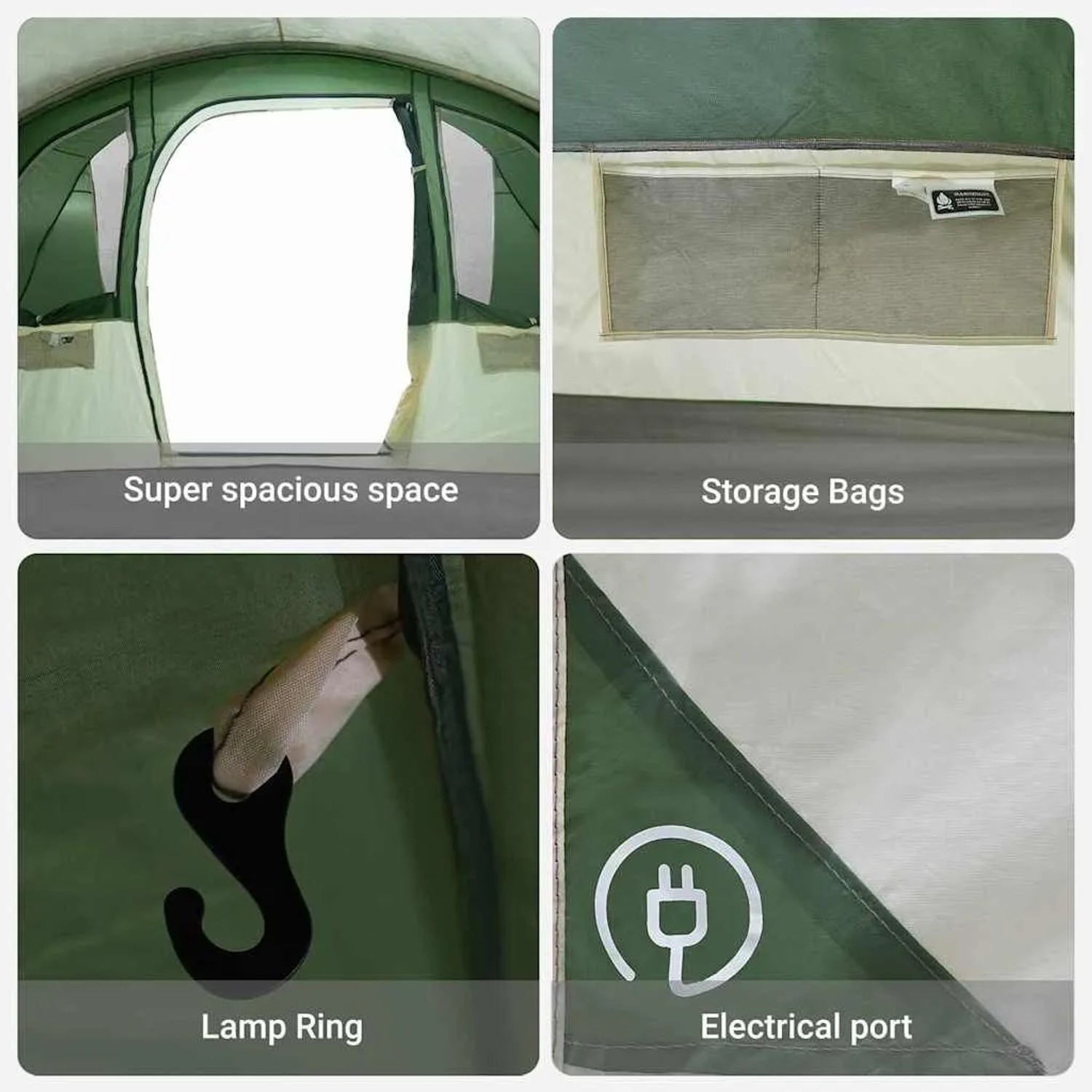 Details des grünen vidaXL Campingzelts: Geräumiger Eingang, Stautaschen, Lampenring, Stromanschluss.