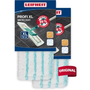 Leifheit Wischbezug Profi XL 2er-Set für glatte Böden, Mikrofaser mit blauen Streifen.