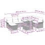 Graues 9-teiliges Garten-Sofa-Set mit Kissen und Tisch, Abmessungen sichtbar.