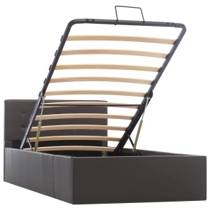 Graues vidaXL Stauraumbett (90x200 cm) mit hochgeklapptem Lattenrost und Stauraum.