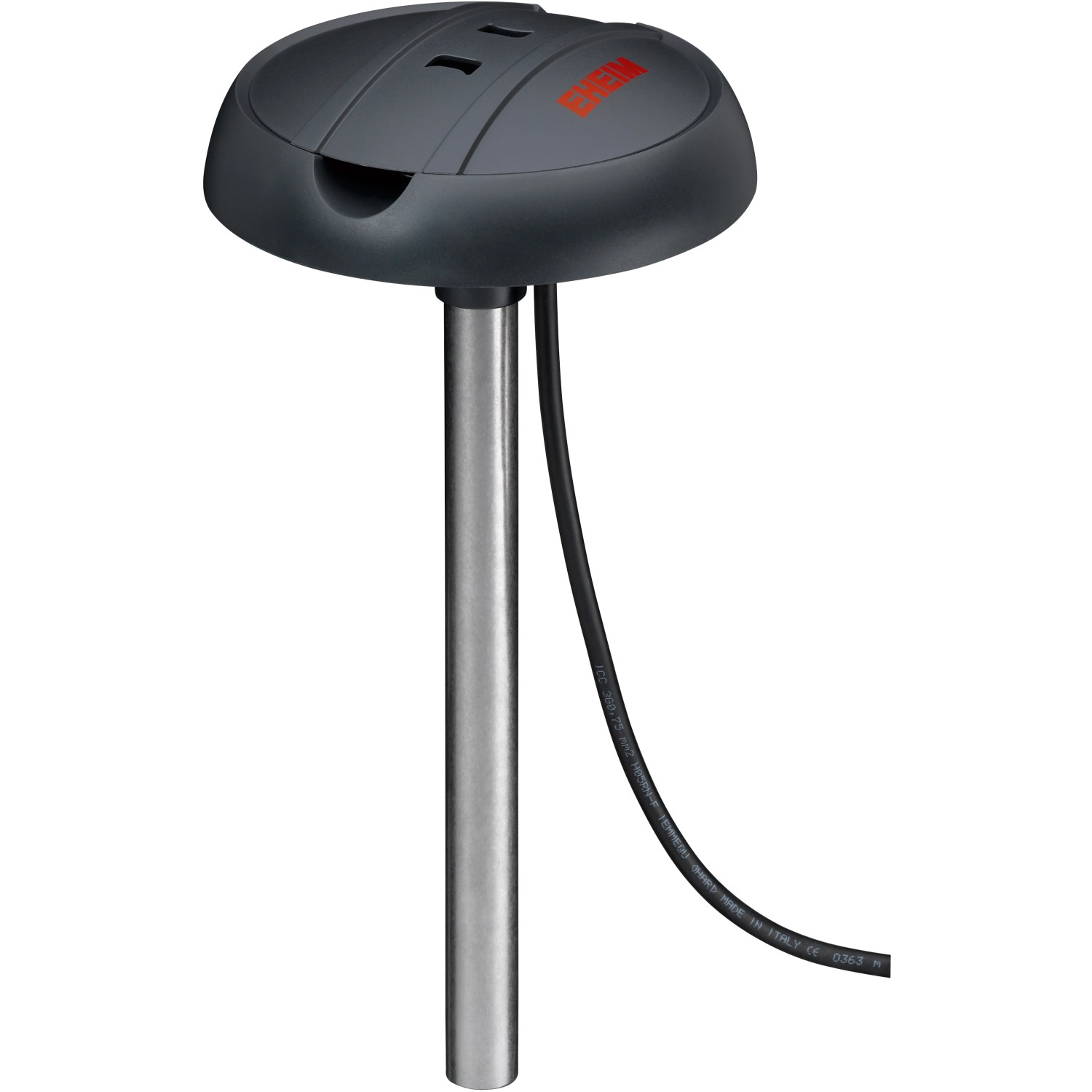 Eheim Thermo200 Teich-Eisfreihalter aus Edelstahl mit schwarzem Kunststoffkopf und Kabel.