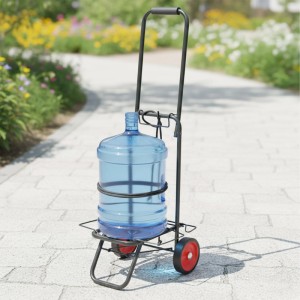 Grauer Relaxdays Transportwagen aus Stahl mit Wasserkanister, klappbar und mit roten Rädern.