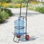 Grauer Relaxdays Transportwagen aus Stahl mit Wasserkanister, klappbar und mit roten Rädern.