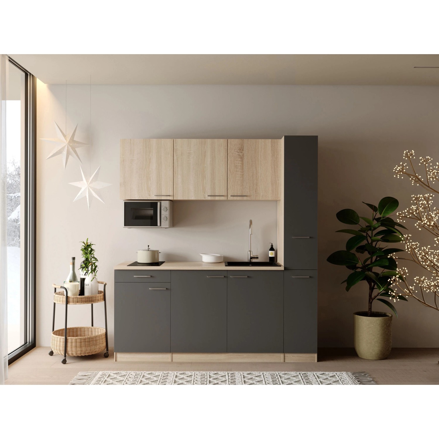 Respekta Ingrid Singleküche 180 cm Grau inkl. Mikrowelle mit Apothekenschrank