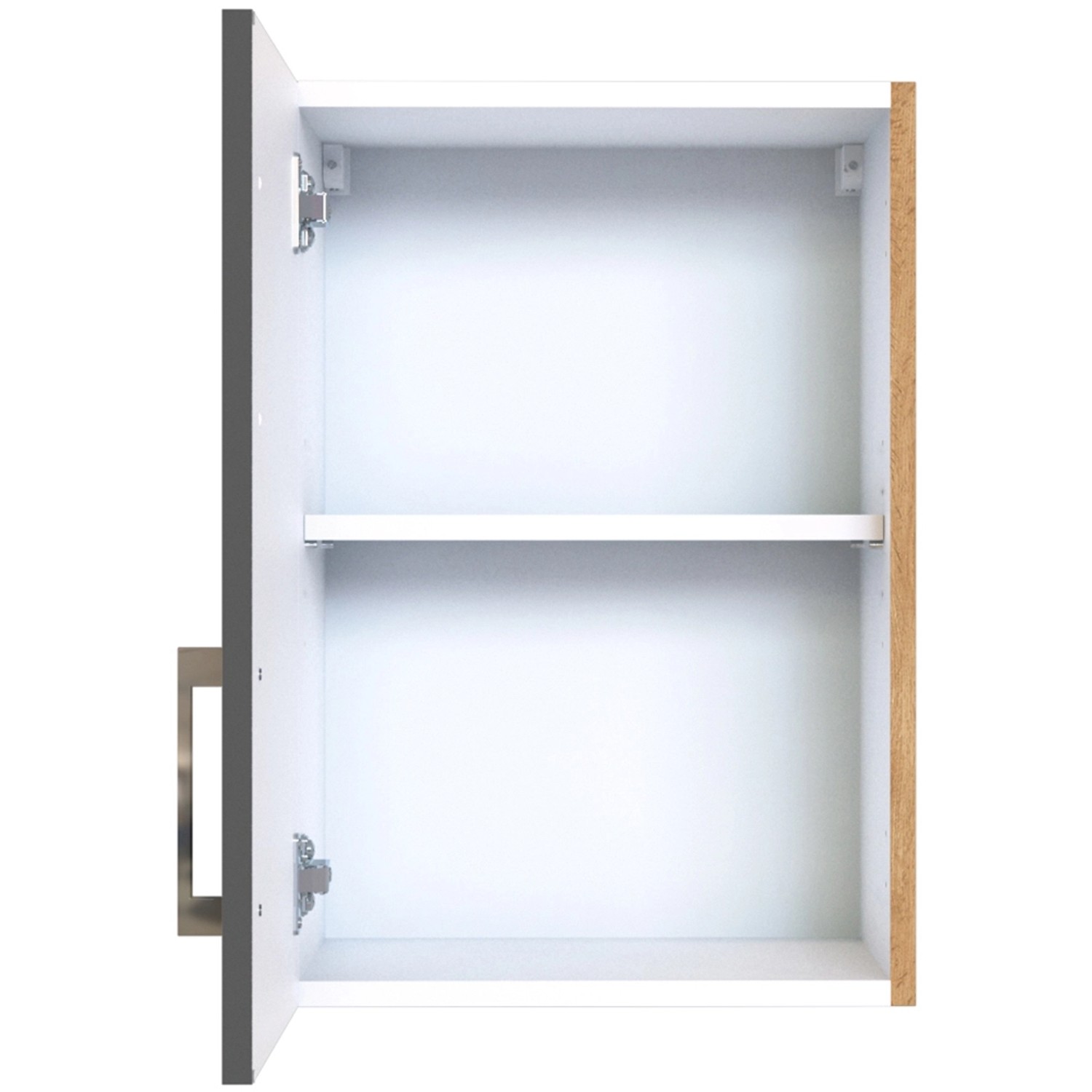 Offener Hängeschrank Sorrento in Anthrazit-Wotaneiche Optik mit Einlegeboden und Metallgriff.