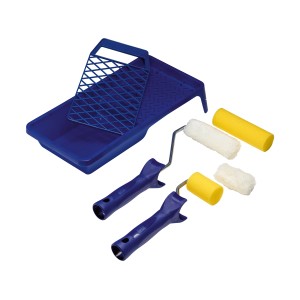 LUX Lackierset Universal, 8-teilig: Farbwanne, Abstreifgitter, Walzenbügel und Farbwalzen für Lackierarbeiten.
