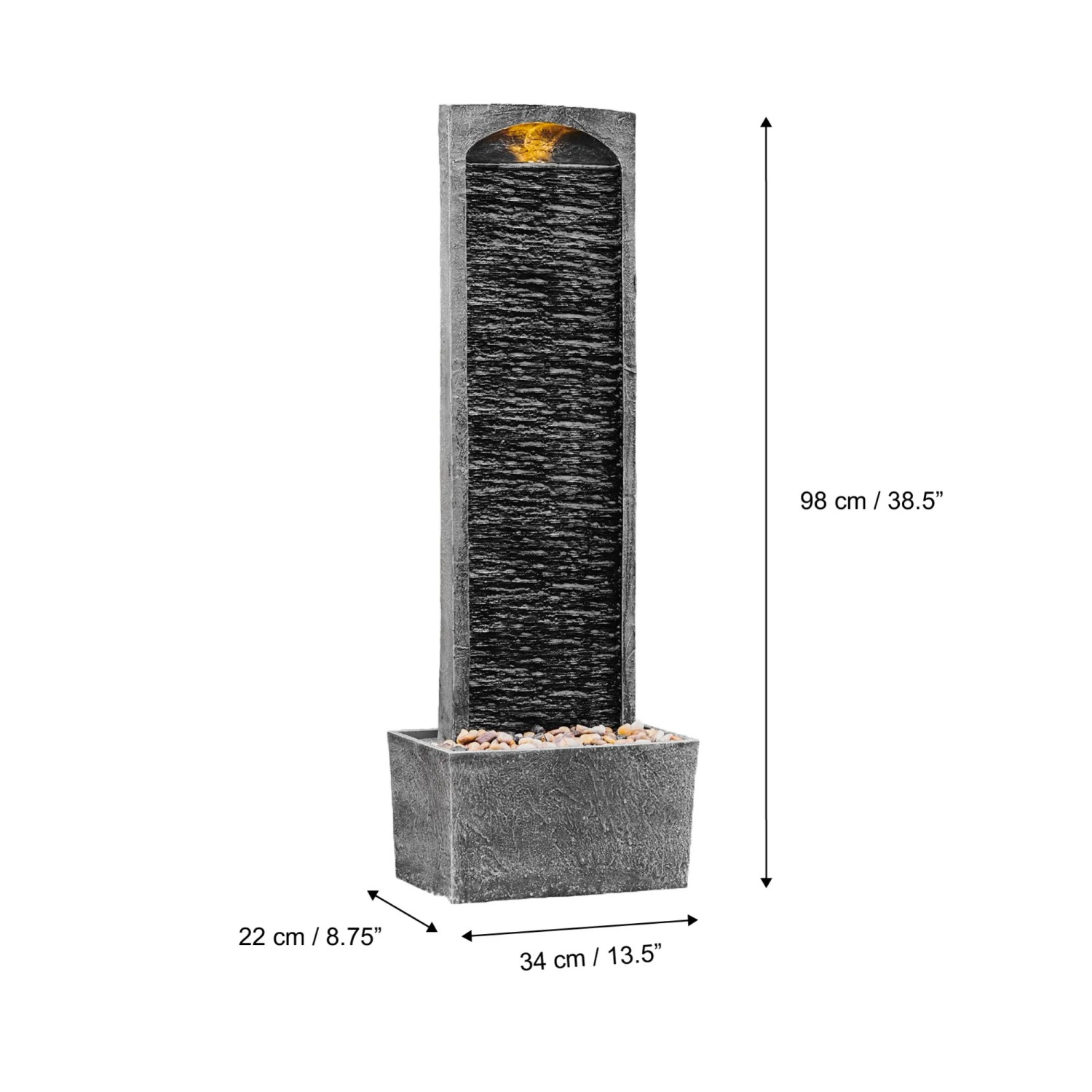 Moderner Teamson Home Gartenbrunnen mit LED-Beleuchtung und Kieselbasis, 98 cm hoch.