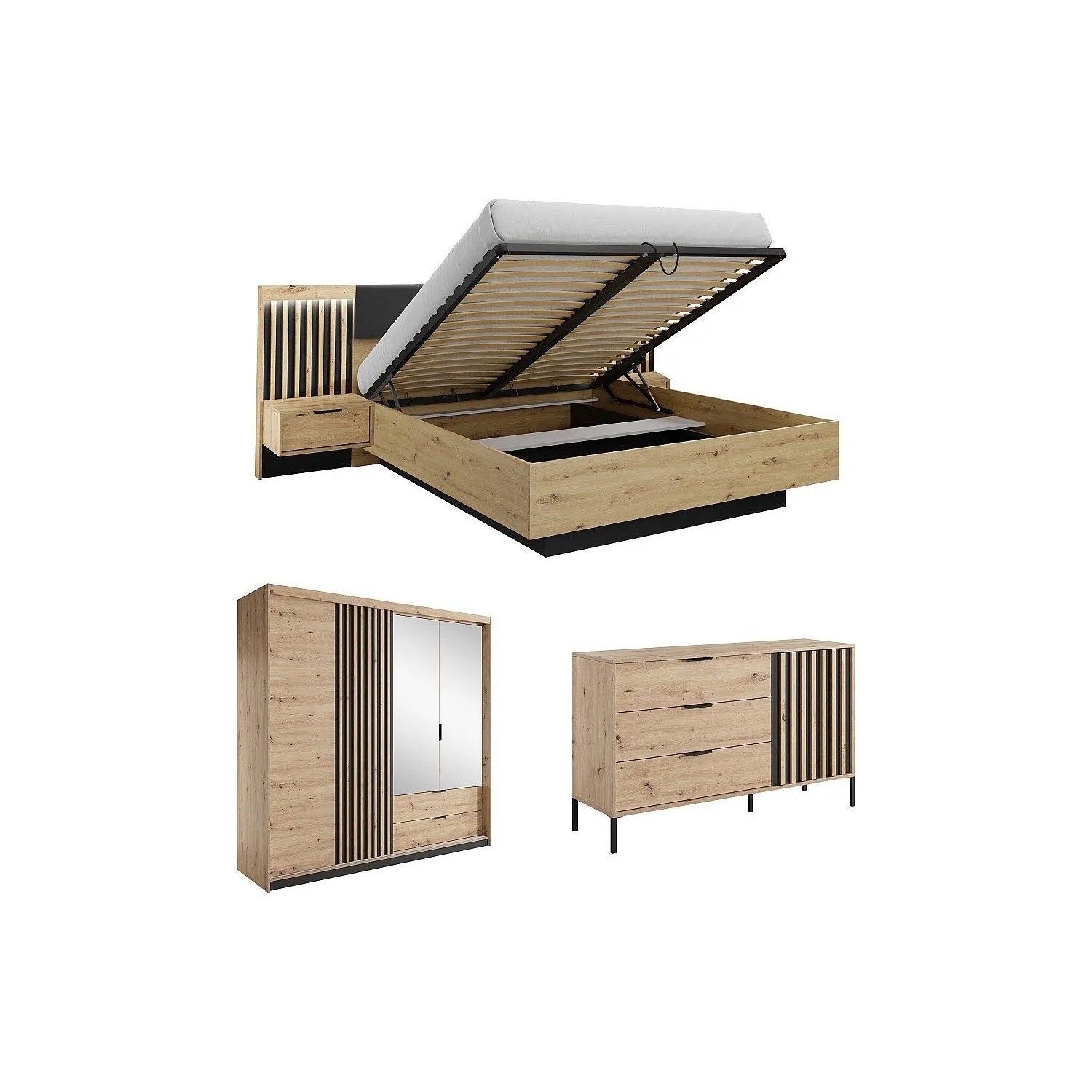Vente-unique Schlafzimmer Komplett Ariada Schwarz  Naturfarben Hell 163.2 cm