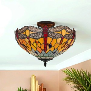 EASYLIGHT Deckenlampe Tiffany Stil Ø 40 cm Rund Buntglas 2x E14