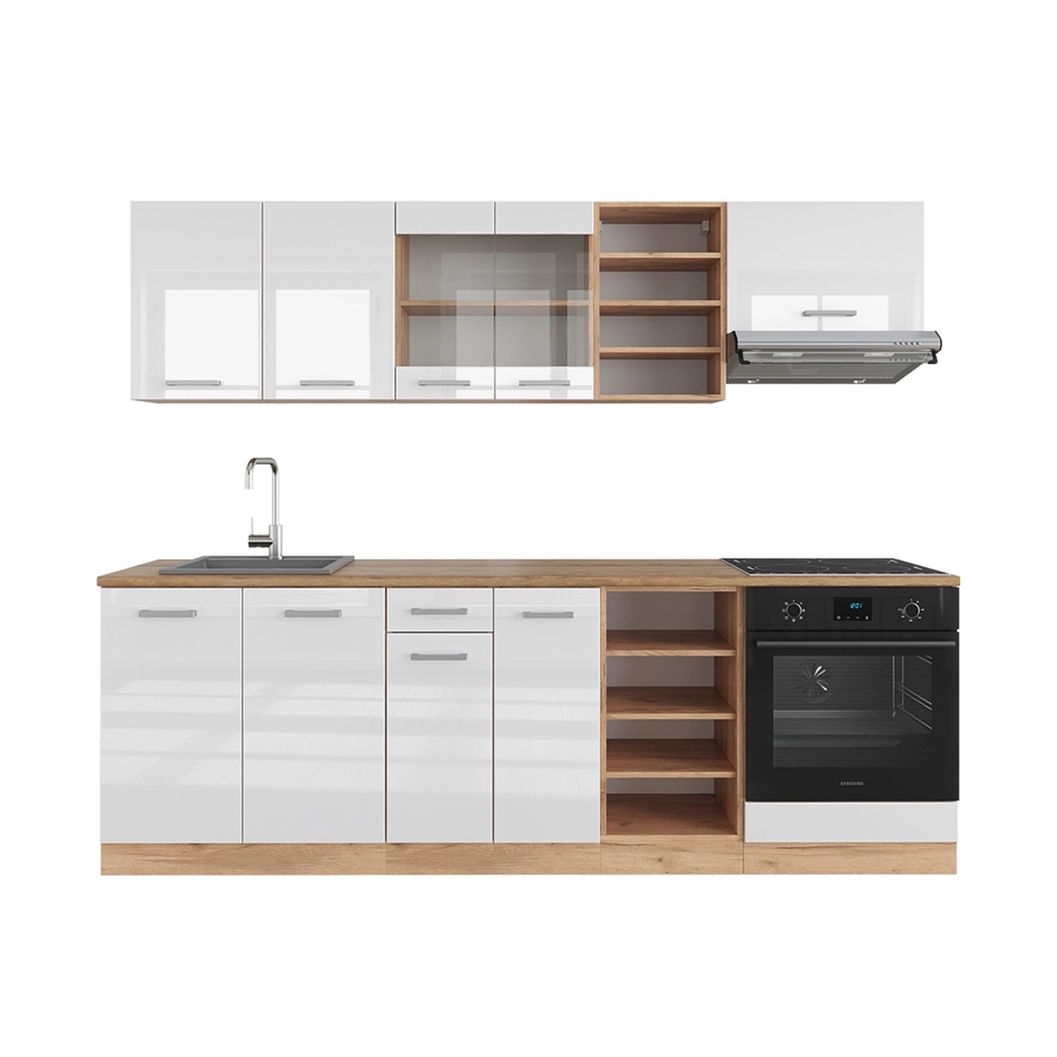 Vicco R-Line Küchenzeile Weiß Hochglanz/Goldkraft Eiche 240 cm AP Eiche günstig online kaufen