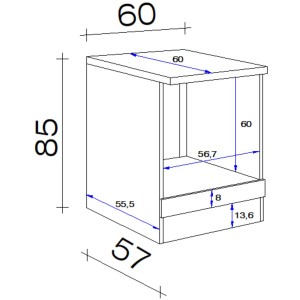 Technische Zeichnung: Flex-Well Herdumbauschrank Cara, 60 cm, Maße und Details.