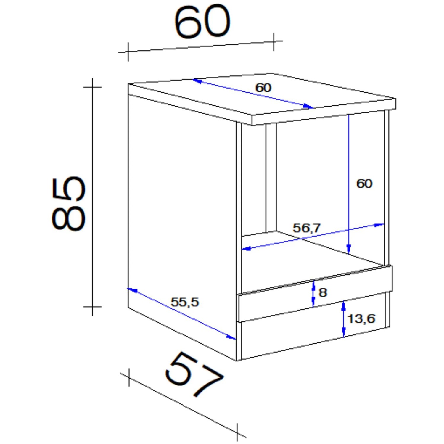 Technische Zeichnung: Flex-Well Herdumbauschrank Cara, 60 cm, Maße und Details.