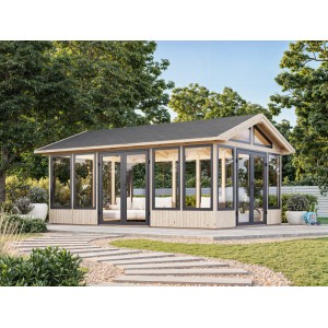 Heller Palmako Pavillon Isabella mit Glasfronten und Doppeltür im Garten.