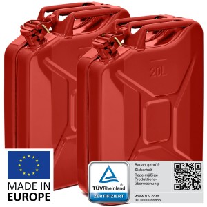 Zwei rote 20L BW Metall Kraftstoffkanister für Benzin/Diesel, TÜV-geprüft.