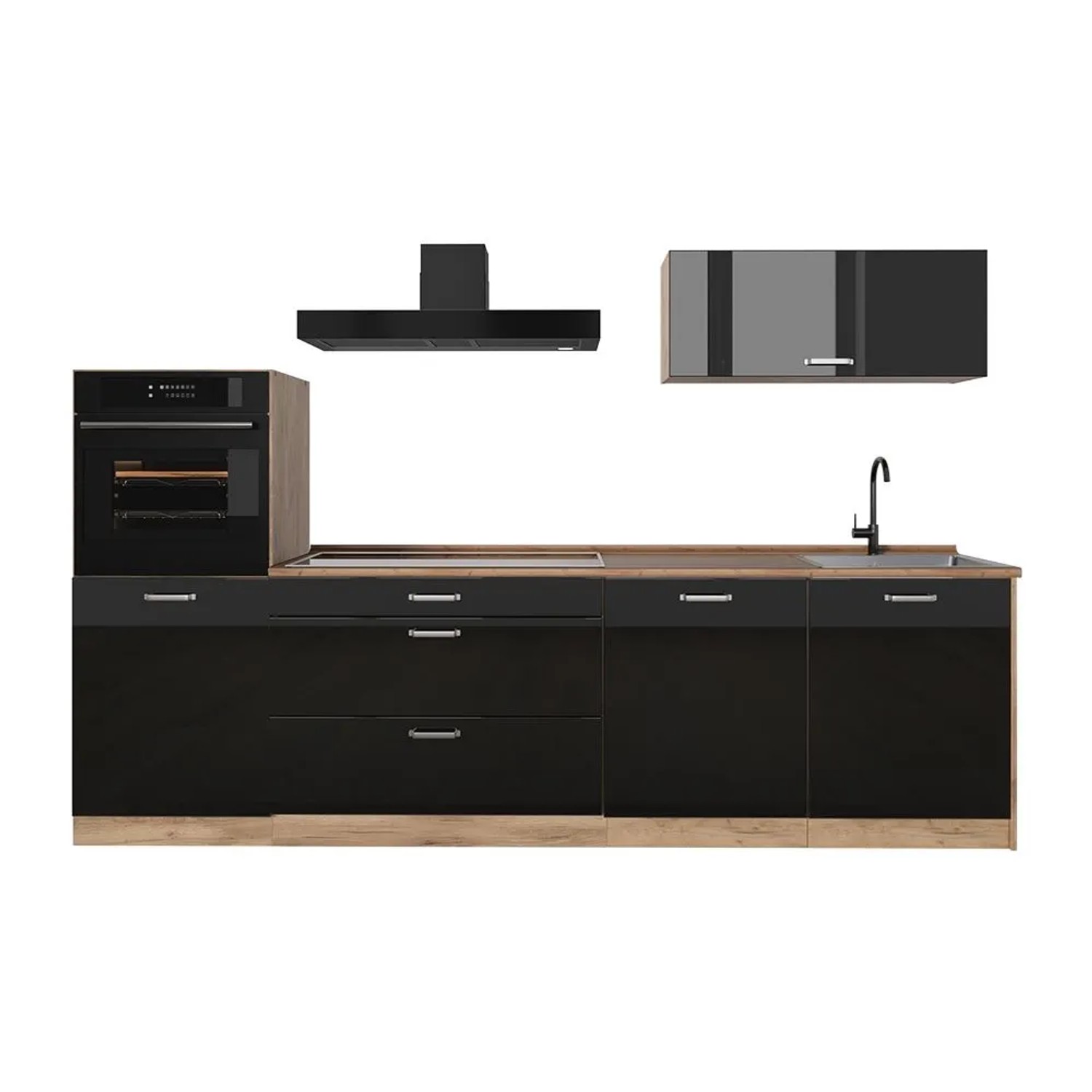 Vicco Küchenzeile R-Line Schwarz Hochglanz/Goldkraft Eiche 280 x 143 ohne Arbeitsplatte Art Nr 66492