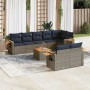 Graue 9-tlg. vidaXL Garten-Sofagarnitur aus Rattan mit marineblauen Kissen und Akazientisch.