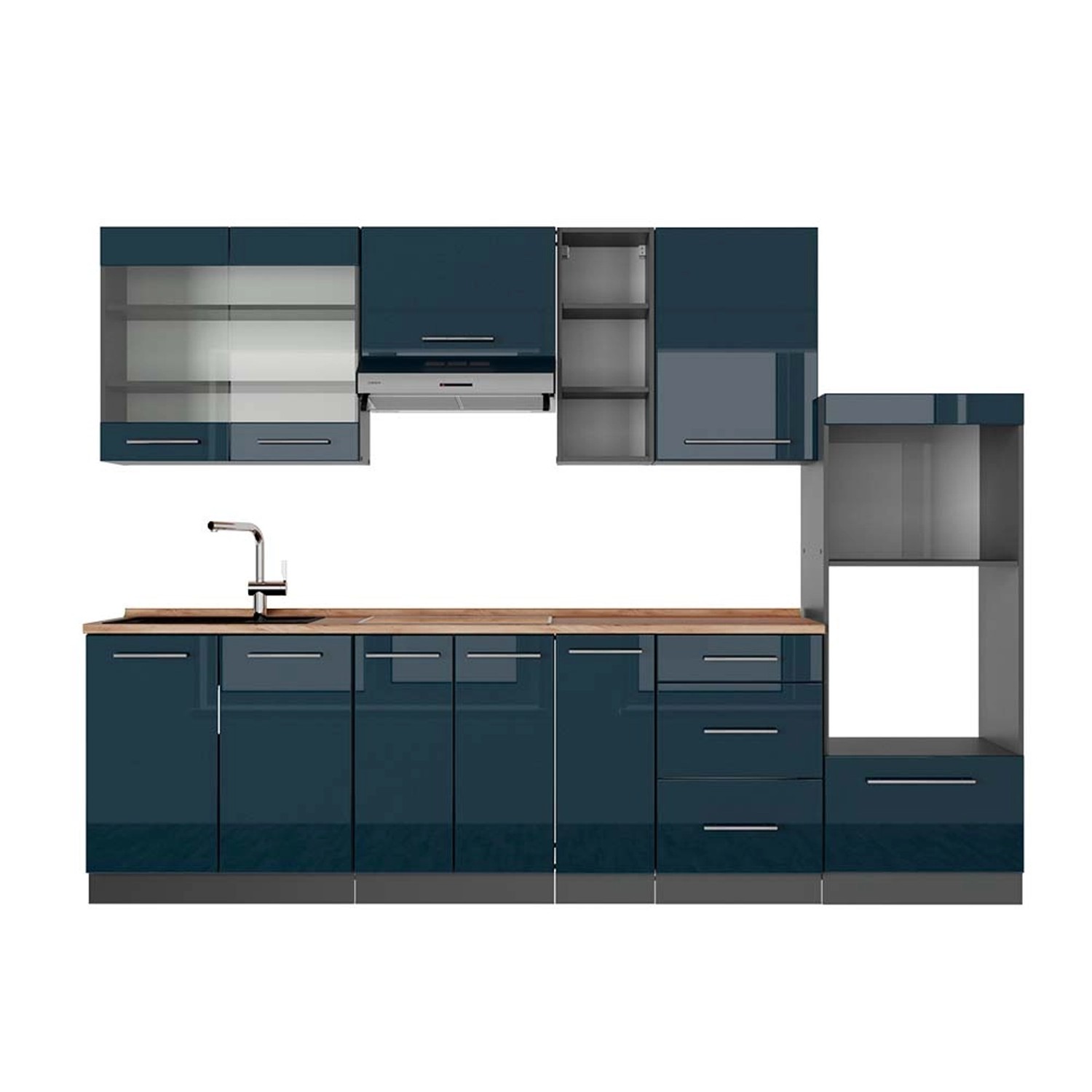 Vicco Fame-Line Küchenzeile Dunkelblau Hochglanz/Anthrazit 280 cm AP Eiche günstig online kaufen