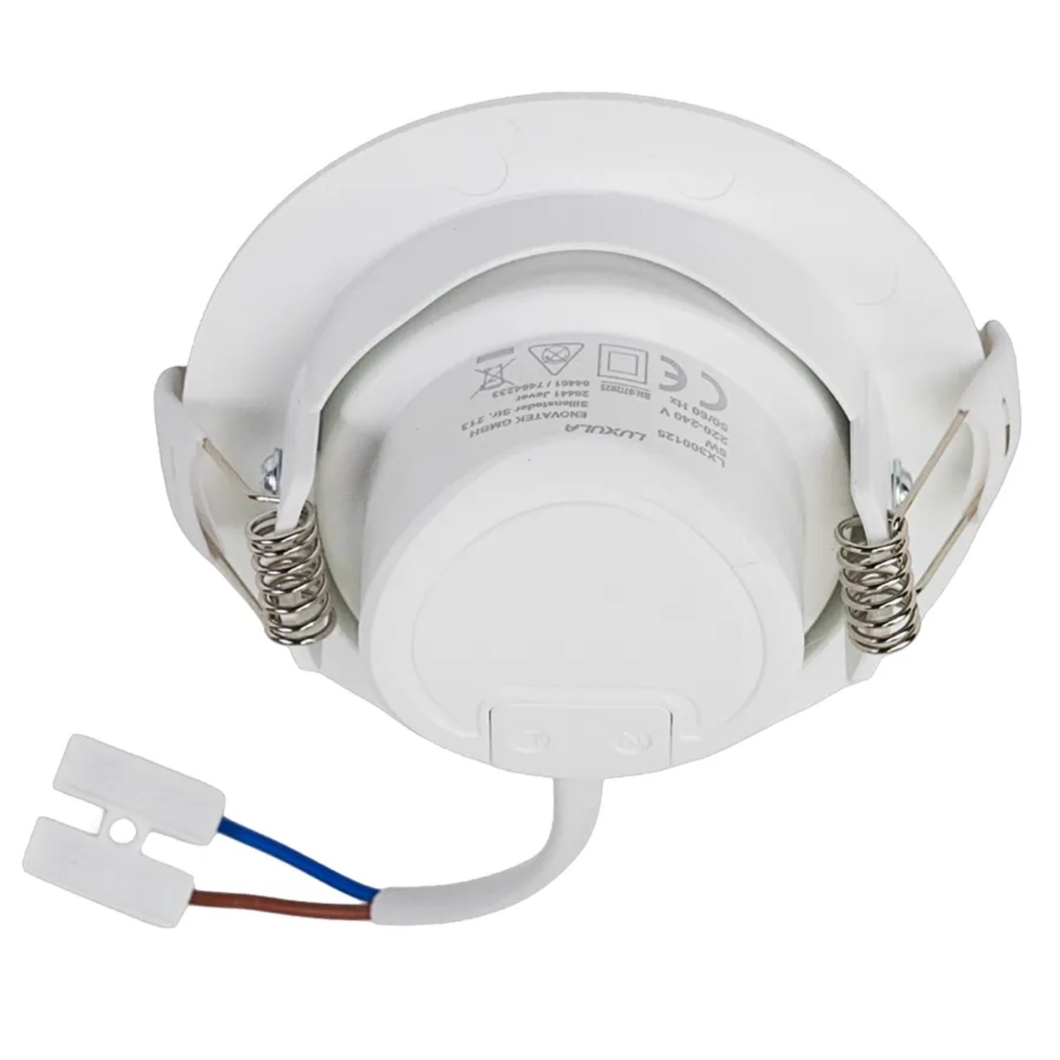 Weißer LUXULA LED Einbauspot, Rückseite mit Montagefedern und Anschlusskabeln. Schwenkbarer Einbaustrahler für Decken.