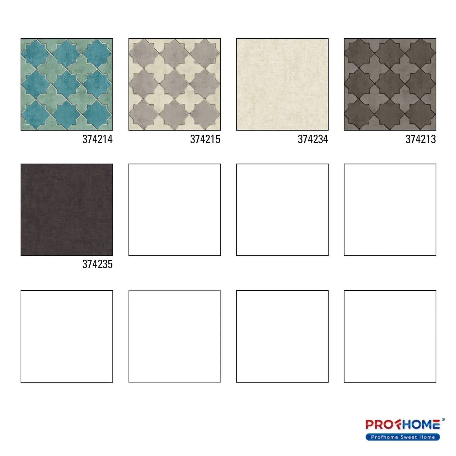 Muster verschiedener PROFHOME Grafik Tapeten mit geometrischen Mustern in Blau, Grün, Beige und Braun.