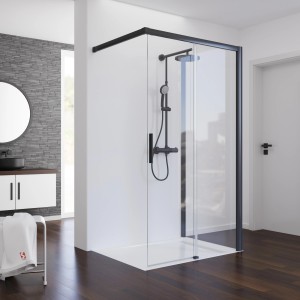 Schulte Walk In Schiebetür mit Seitenwand, mattschwarze Profile, 90x100x200 cm, DIN Rechts.