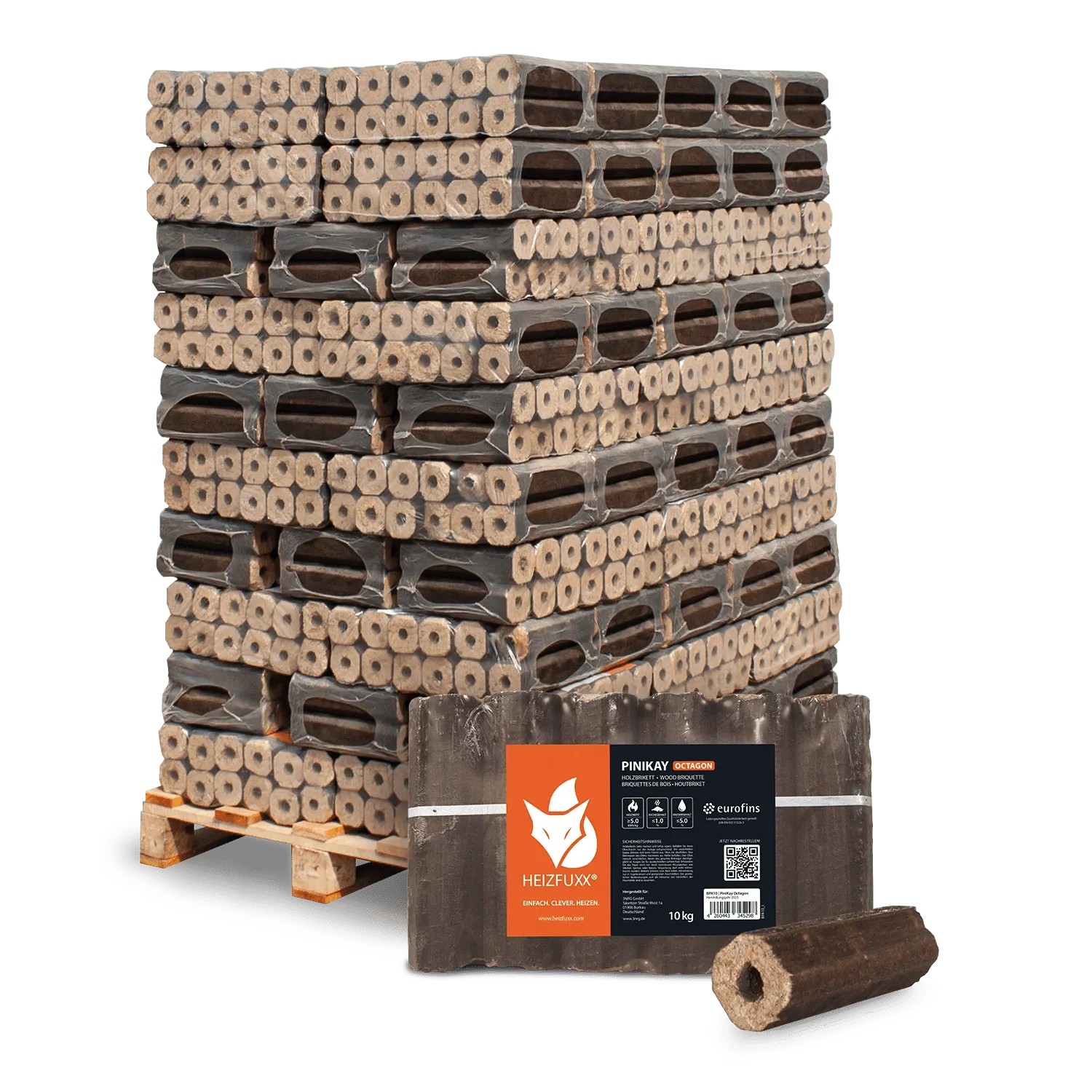Heizfuxx PiniKay Octagon Holzbriketts Hartholz 10kg x 96 Gebinde 960kg Palette