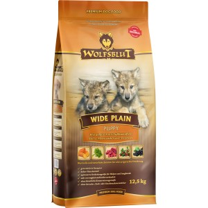 Wolfsblut Wide Plain Puppy Trockenfutter, 12,5kg Sack mit Welpen-Motiv.